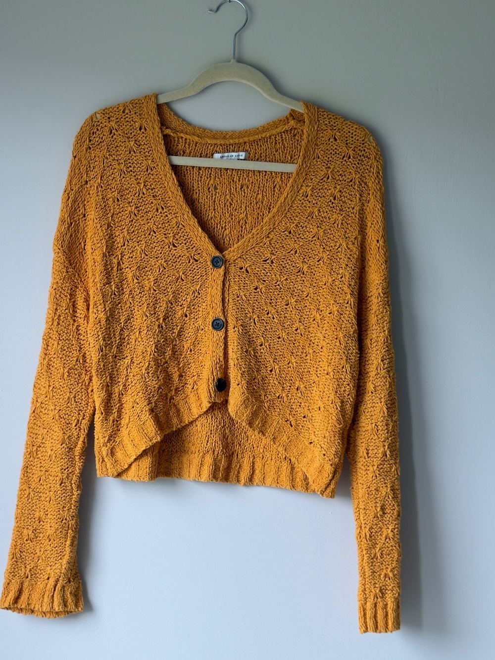 American Eagle Outfitters Cropped Mustard Knit Button Cardigan